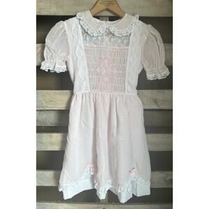 Vintage Polly Flinders Smocked Size 10 Party Dress Light Pink Lace Accents Bows